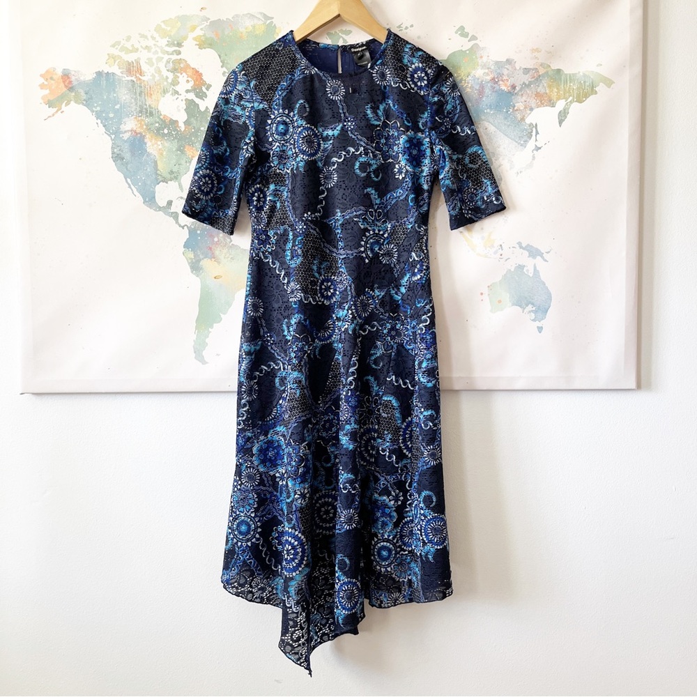 Desigual Dress Asymmetric Black Blue 3/4 Sleeve Eyelet Keyhole Neck Size Medium
